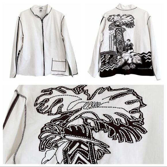 Chico’s Spa by CHICO’S Ivory with Brown Emblems & Trim Jacket Size 3 or XL - Picture 1 of 7